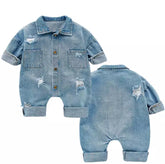 Distressed Denim Long Sleeve Romper.
